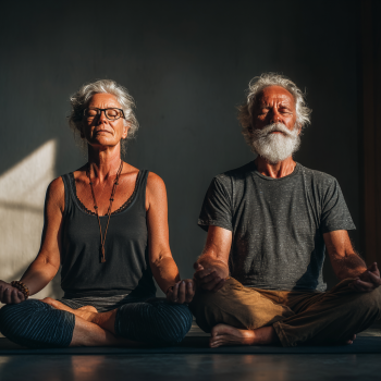 Пожилі люди займаються йогою